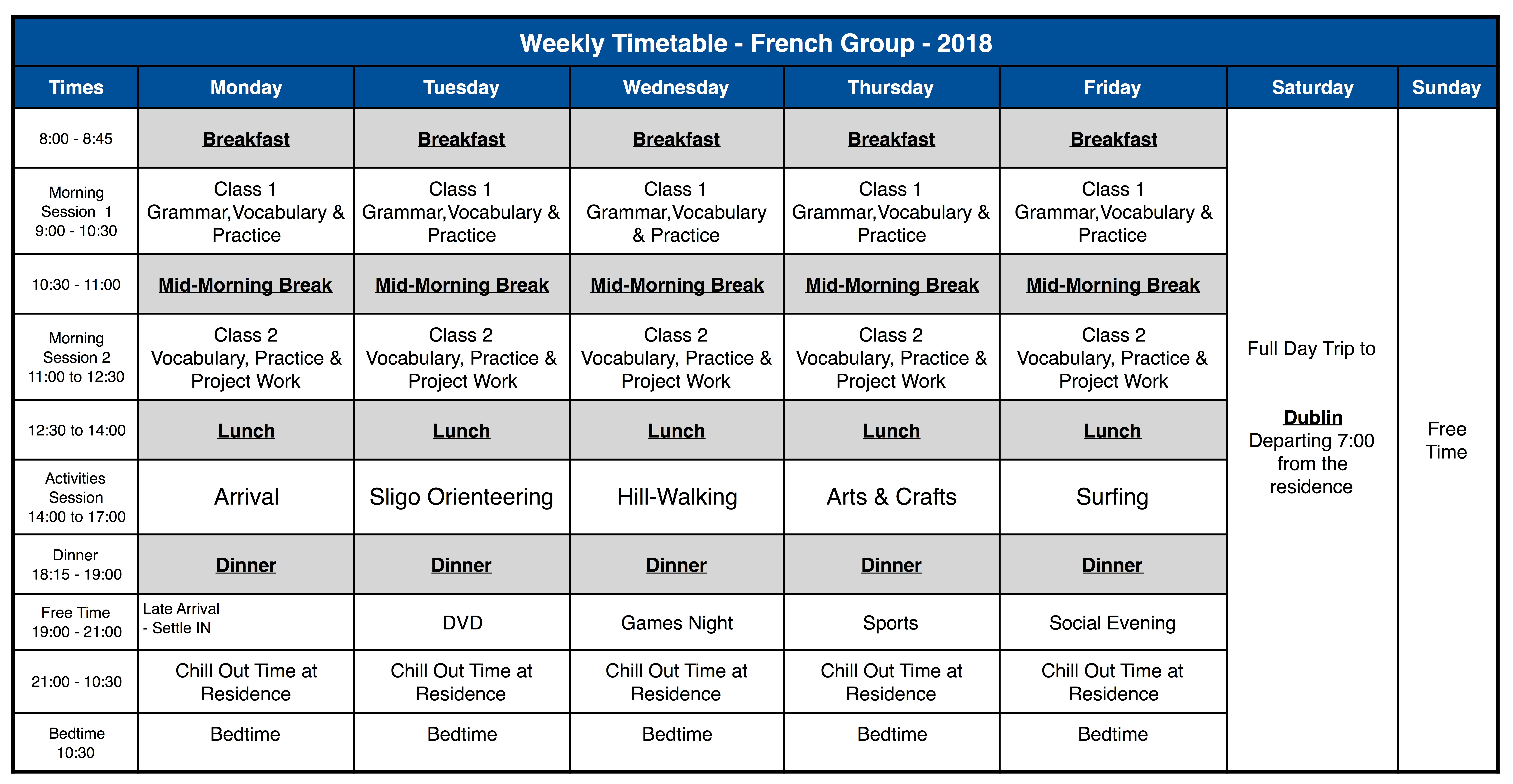 Native Speaker Ltd; Junior Programme Timetable